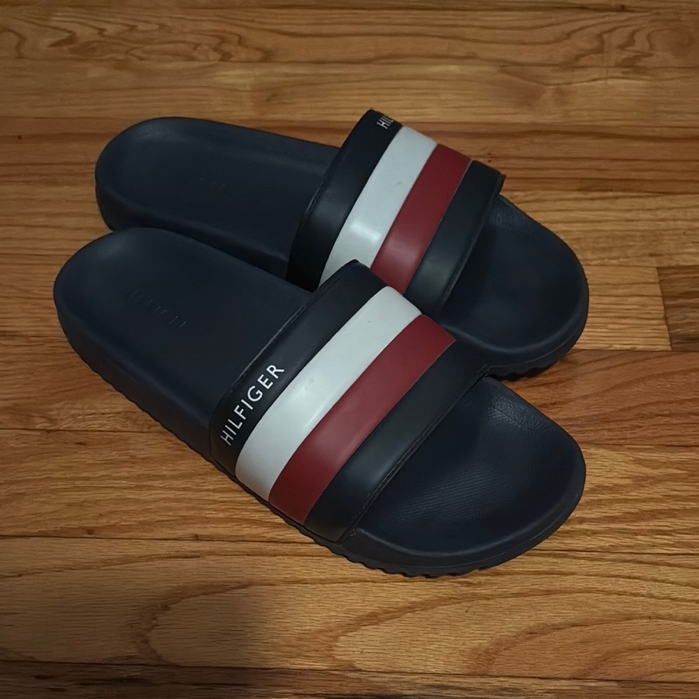 Tommy Hilfiger Navy Slides with Red and White Stripes